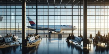 Avião da Latam Airlines na área de embarque em um aeroporto (Imagem gerada por IA)
