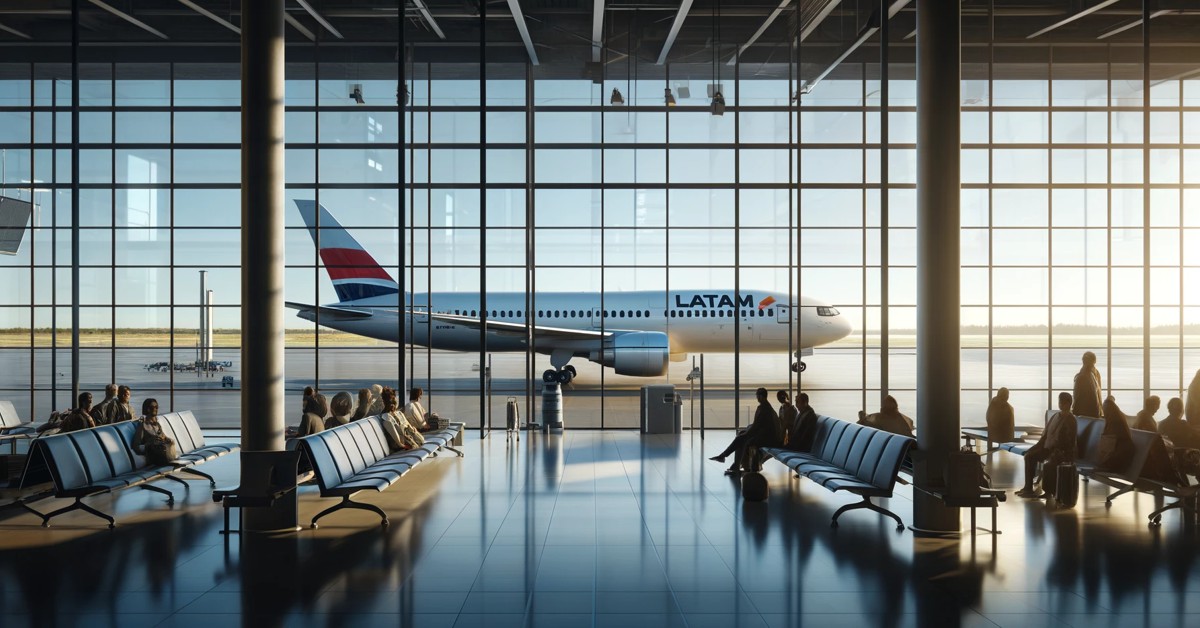 Avião da Latam Airlines na área de embarque em um aeroporto (Imagem gerada por IA)