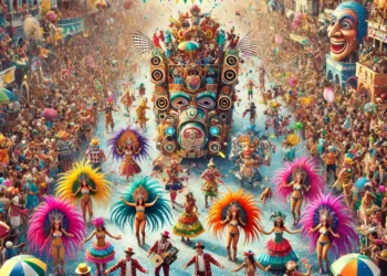 Cena colorida de pessoas celebrando o Carnaval com fantasias vibrantes, máscaras e dançarinos nas ruas.