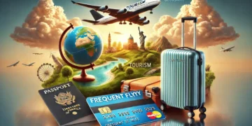 Imagem realista de uma mala de viagem ao lado de um avião pronto para decolar em um céu azul