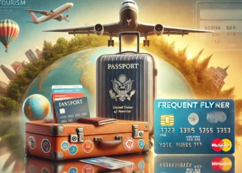 Paisagem realista com uma mala, siglas e passaporte, tema de turismo.