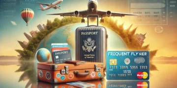 Paisagem realista com uma mala, siglas e passaporte, tema de turismo.