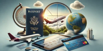 Paisagem realista com elementos de turismo, incluindo um passaporte e um cartão de embarque