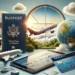 Paisagem realista com elementos de turismo, incluindo um passaporte e um cartão de embarque
