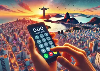 Pessoa segurando smartphone discando código DDD em uma paisagem panorâmica