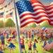 Community gathering in park on Flag Day with patriotic decorations