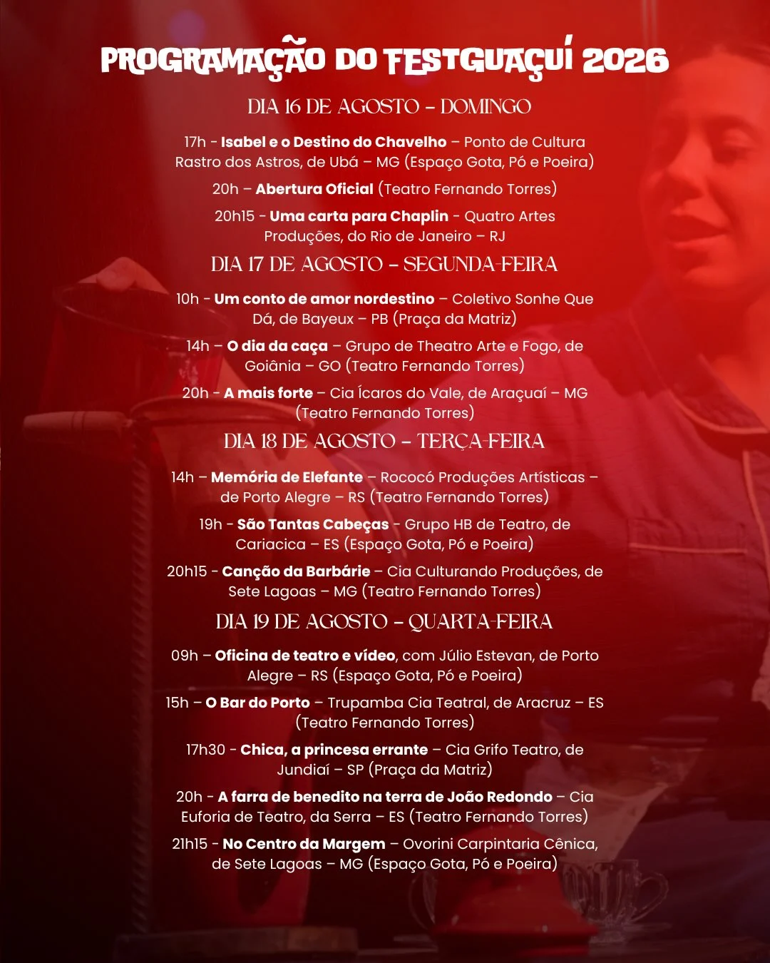 Programação do 26º Festival Nacional de Teatro de Guaçuí (Imagem: Divulgação)