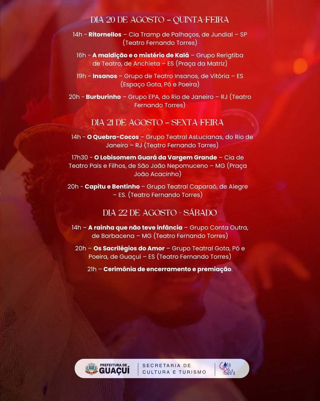 Programação do 26º Festival Nacional de Teatro de Guaçuí (Imagem: Divulgação)