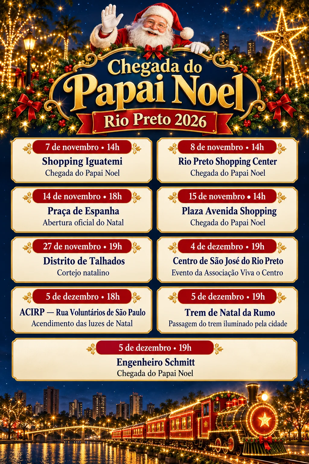 Chegada do Papai Noel em Rio Preto 2026 (Imagem IA)